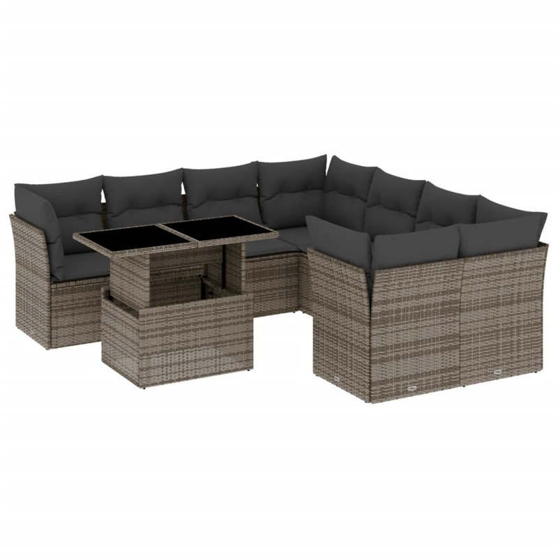 Vidaxl Garden Sofa Set PE Rattan 9 Piece Set Modular, Gray Cushion/Gray Frame