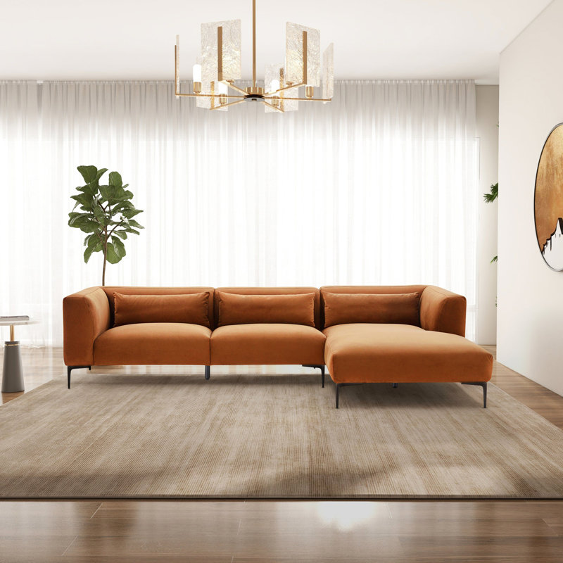 Laley Right-Facing L-Shaped Linen Sectional, Burnt Orange Velvet