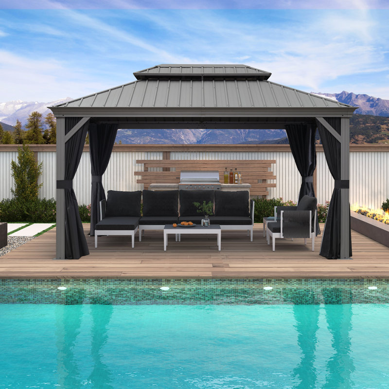 PURPLE LEAF 10' X 14' Patio Hardtop Gazebo Aluminum Outdoor Gazebo with Double Galvanized Steel Roof for Deck Backyard All Weather Outdoor Pavilion Curtain and Netting Included, Light Grey