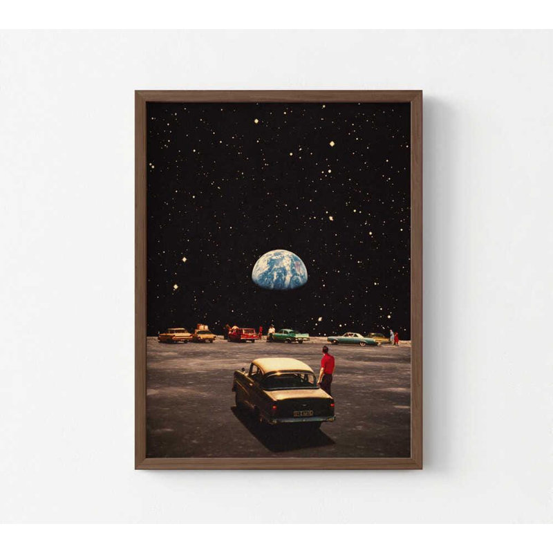 Rétro collage de l'espace - affiche de paysage de lune de voiture rétro avec la terre, H 40 po x l 30 po, Brun