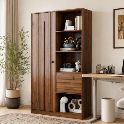 68.9"H x 39.4"W Retro Tall Storage Cabinet, 8-Tier Open Shelves & 2 Pull-Out Drawers, Wood Grain Freestanding Organizer for Bedroom Bathroom Entryway