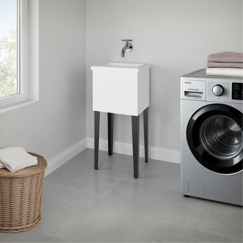 Katy Compact Utility Sink with Metal Legs for Laundry Room, White
