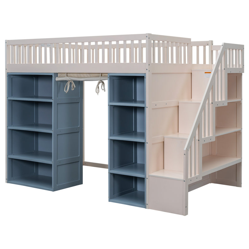 Lit mezzanine avec 2 armoires de rangement à quatre couches et rideau