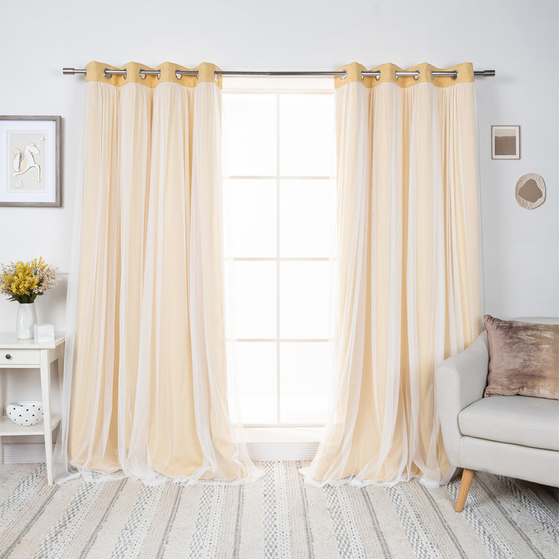 Fortuna Brockham Solid Tulle Overlay Room Darkening Grommet Curtain Panels, Sunlight, 52" W x 96" L