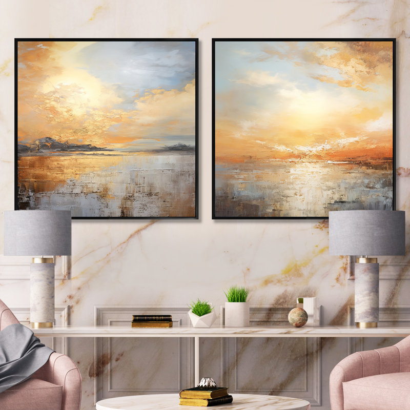 Pohl - Ensemble de 2 collages carrés côtiers Sunset, H 16 po x l 33 po, Cadre flottant doré