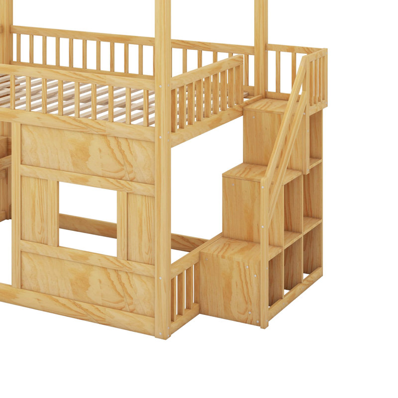 Full Size Wooden House Bed With Built-In LED Shelf Light, Wood Loft Bed With Ladder & Guardrails, Playhouse Bed, Natural