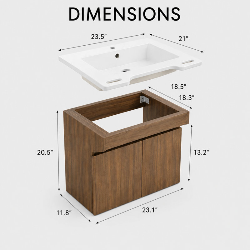 24" Resin Sink Floating Bathroom Vanity with Recessed Cabinet, Side Grips & Soft-Close Doors, Walnut, 24
