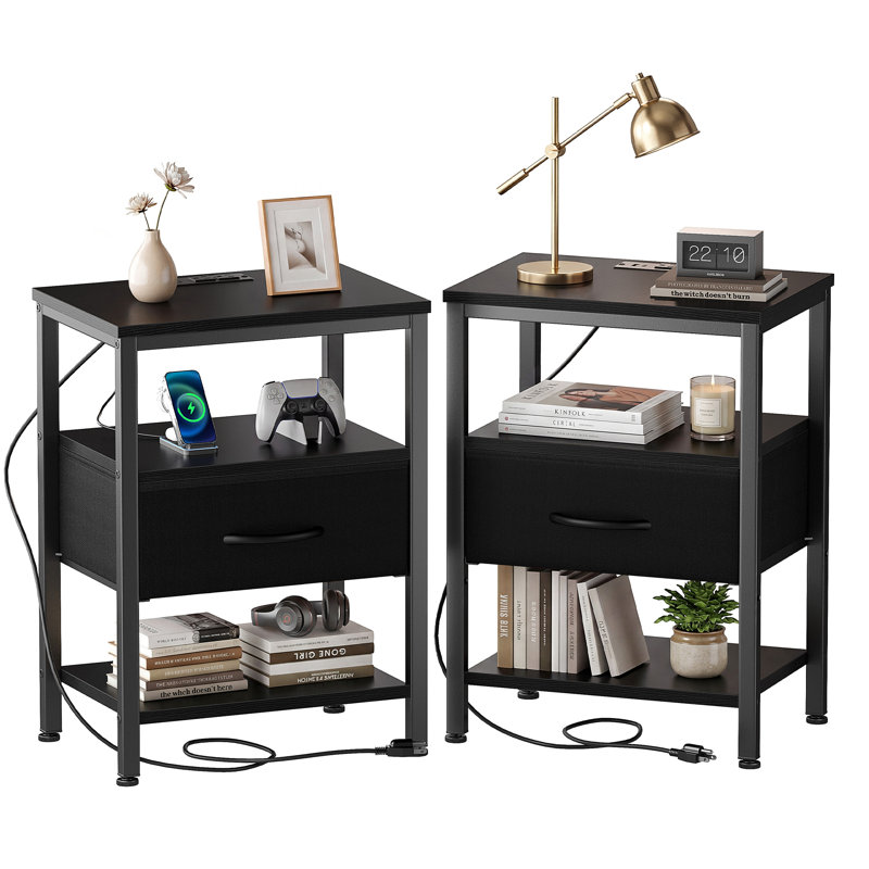 Nightstand with Built-in Charging Station, Bedside Table with Adjustable Fabric Drawer and 3-Tier Storage End Table, Black