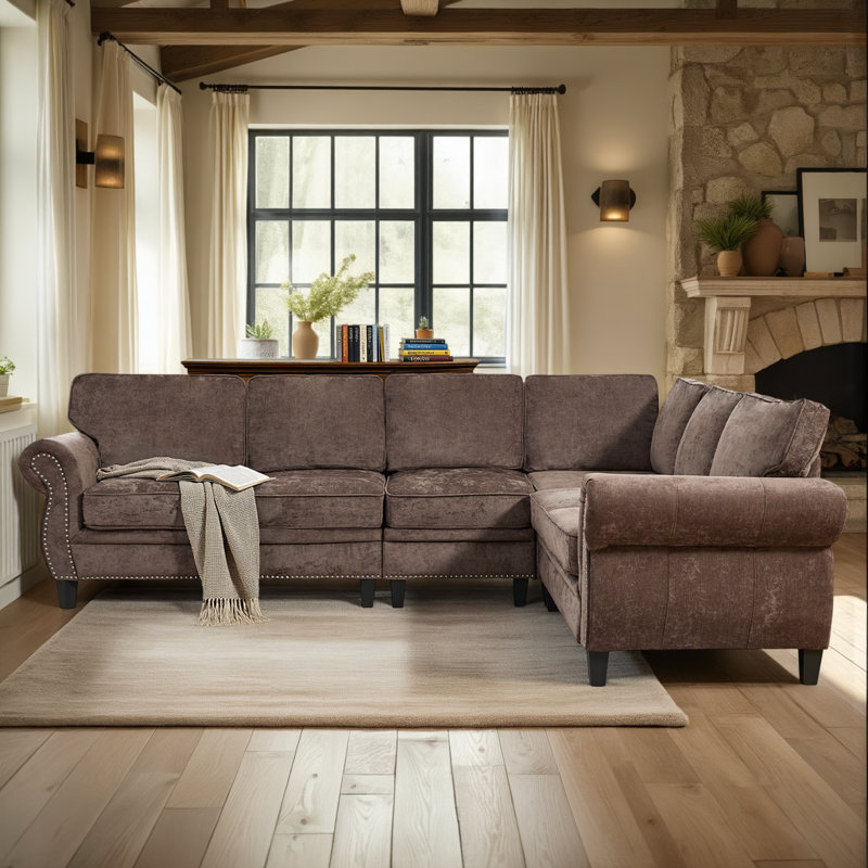 Modular 109.5" Sectional Sofa with Soft Cushions, Brown Polyester