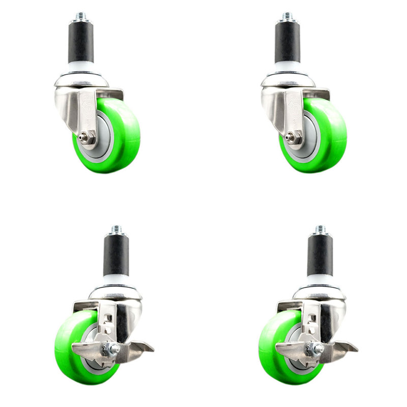 3.5 Inch 316SS Poly Swivel 1-3/8 Inch Expanding Stem Caster Set 2 Brake, Green
