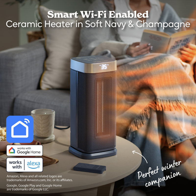 Russell Hobbs® RHCTH2002G-SMT, Square Design 2000W Smart Wi-Fi Enabled Oscillating Ceramic Heater with Digital Display in Black & Gold