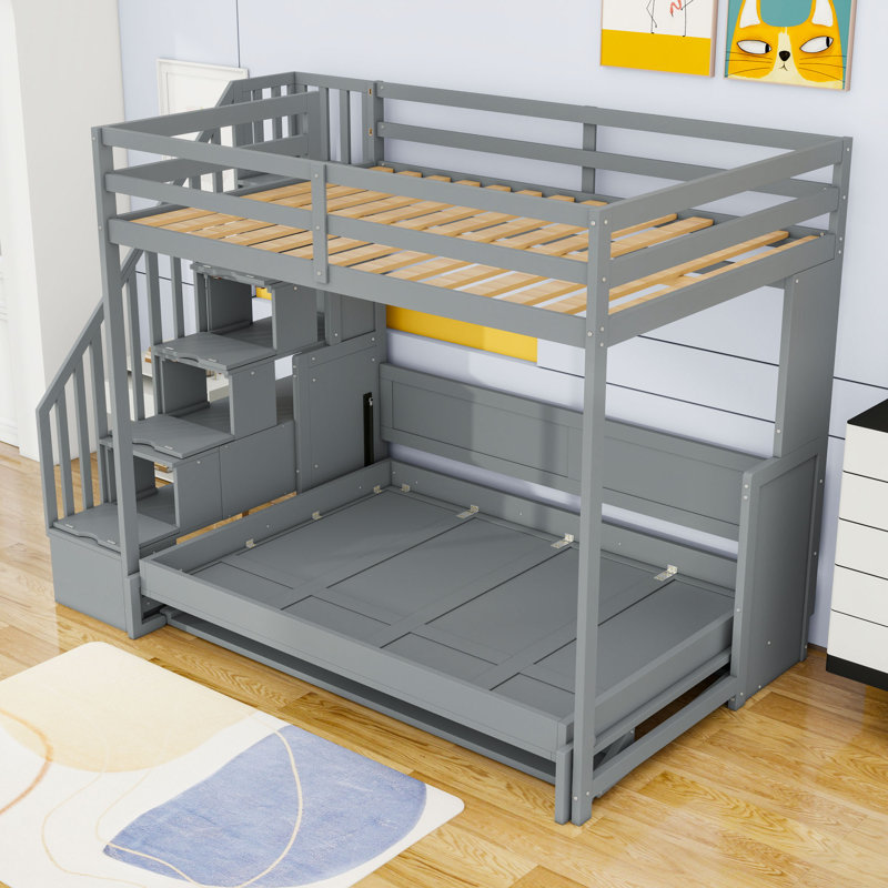 Wood Twin Over Twin Bunk Bed With Staircase, Gray