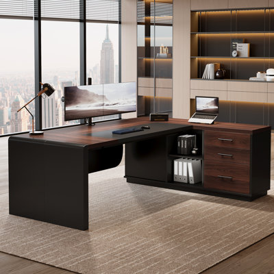 Bureau de direction en L, bureau de bureau moderne avec classeur en L