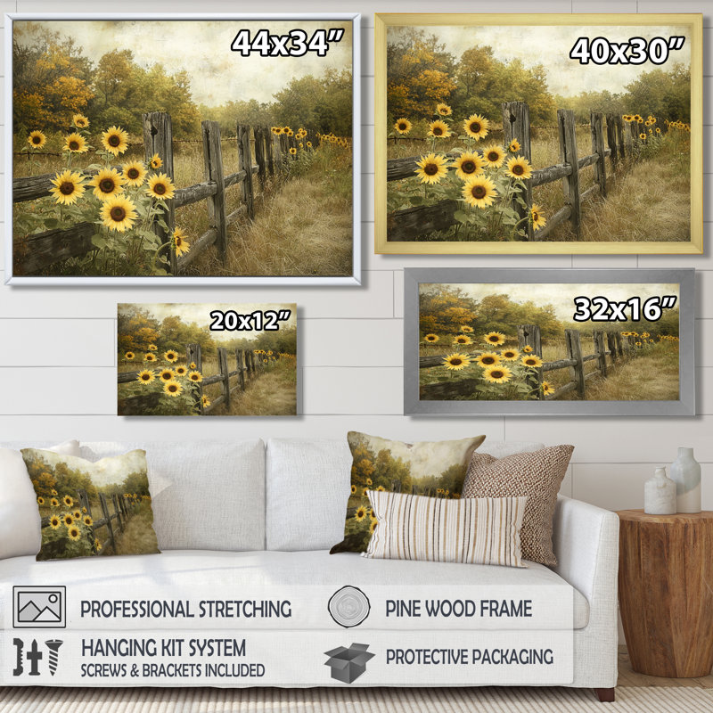 Dortley tournesols le long de la clôture de grange III - tournesols, art mural, Reproduction encadrée d'une seule photo