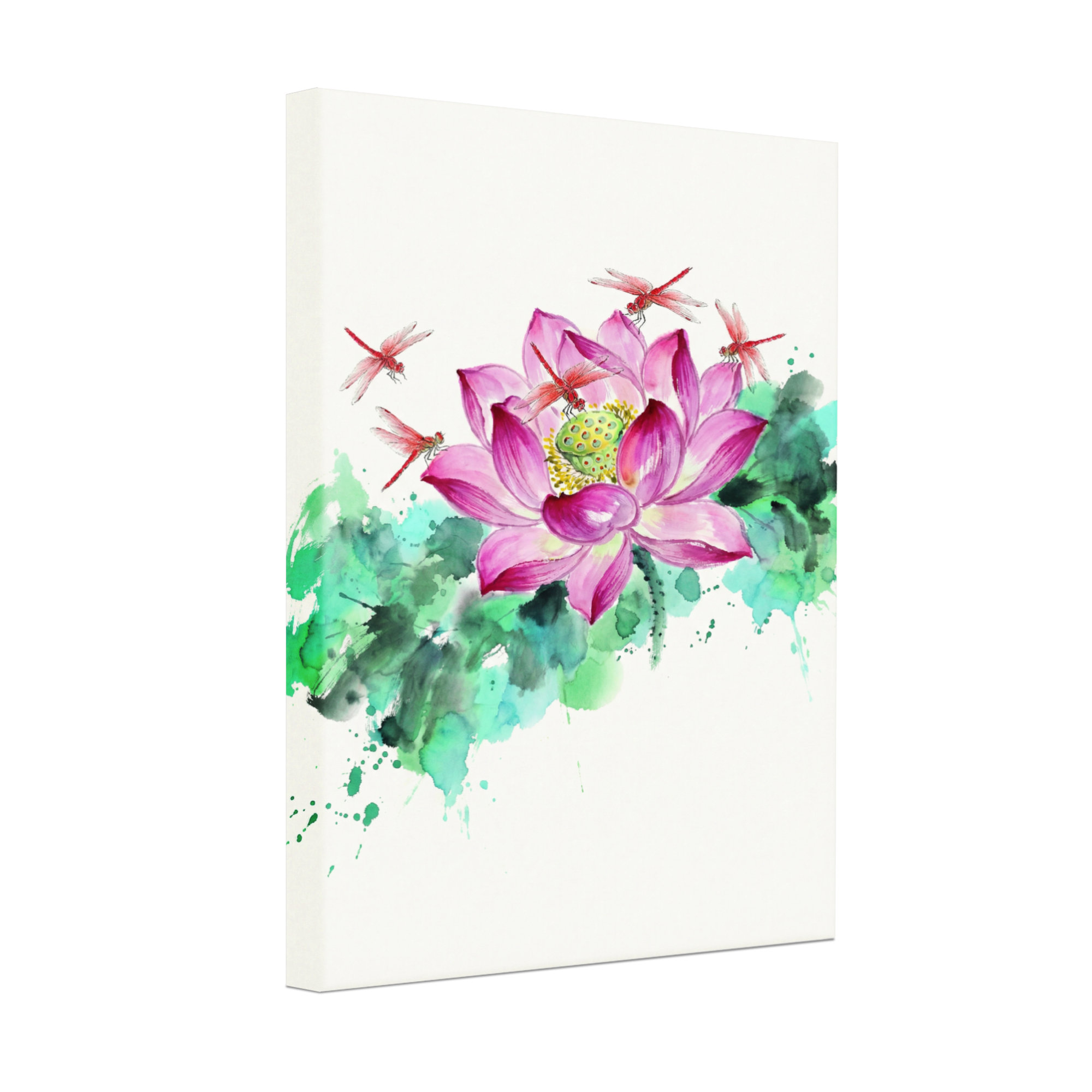 Winston Porter Lotus Flower And Dragonfly Watercolor Canvas Wrapped ...