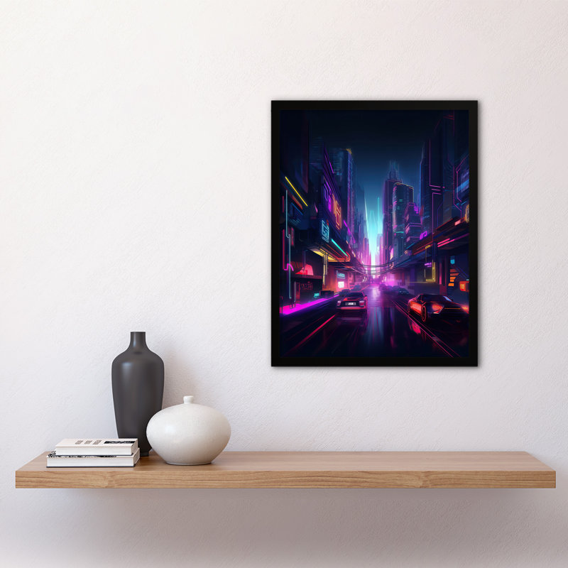 Merab Neon Purple Cityscape Electronic Futuristic Skyscraper - Single Picture Frame Print