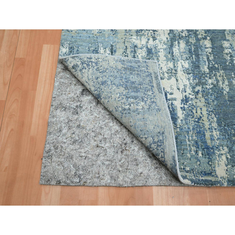 Tapis oriental bleu saphir 4 pi 1 po x 6 pi 2 po, motif abstrait, tissage plus dense, velours à poil long, en laine et en soie véritable, tapis oriental