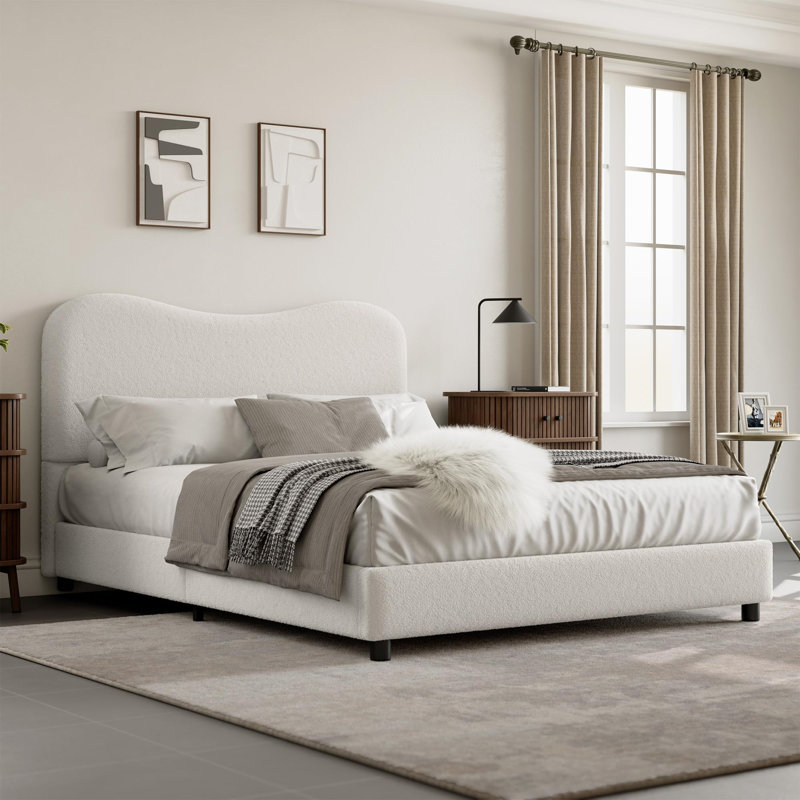 Queen Kids Bed Frame with Upholstered Boucle Headboard, Soft Low Profile Platform for Girls & Boys, White