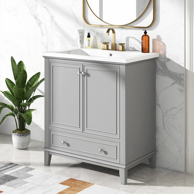Ensemble de meuble-lavabo multifonctionnel avec portes et tiroir 30 po avec cadre et panneau de fibres à densité moyenne, gris