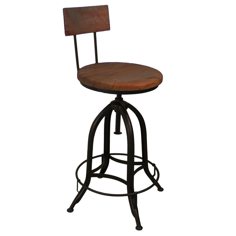 Swivel Solid Wood Adjustable Height Bar Stool with Steel Frame