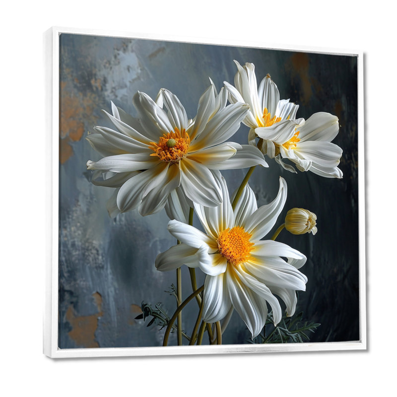 Trois fleurs de marguerite blanche - impression d'art mural marguerite, Cadre flottant blanc, bois massif
