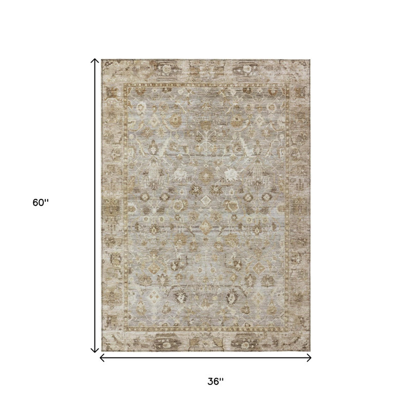 Tapis oriental lavable 90 x 150 cm, taupe, brun et ivoire, pour intérieur et extérieur.