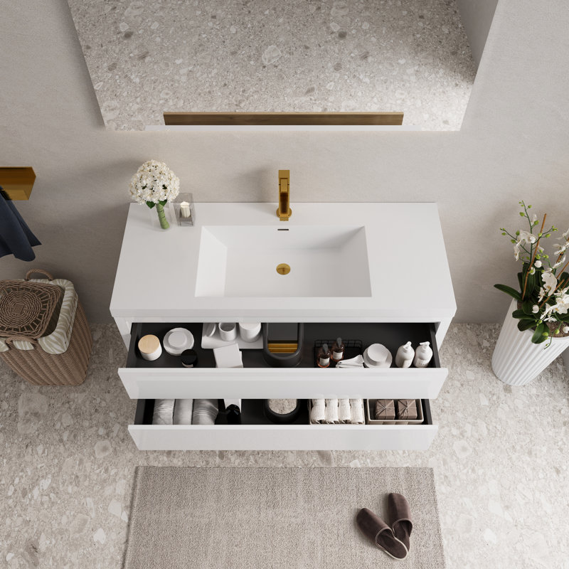 Meuble-lavabo mural simple 48 po avec plateau et lavabo en résine pierre, 2 tiroirs à fermeture en douceur, Blanc