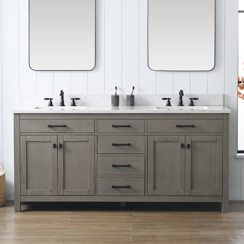 Ensemble de meuble-lavabo double 72 po Ajiya, Carrare blanc, Gris texturé / noir mat