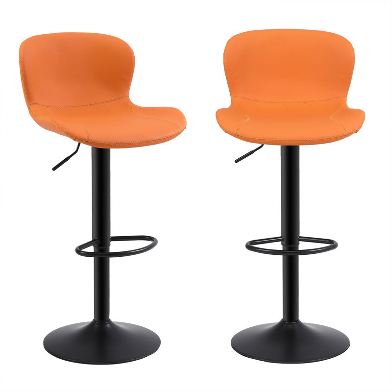 Orange Adjustable Swivel Metal and Leather Bar Stools Set