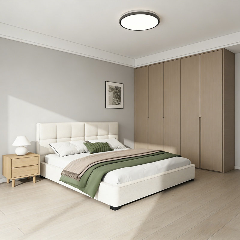 Lit plateforme tapissier très grand avec tête de lit capitonnée Maly, Beige Boucle