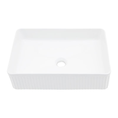 19'' x 13'' White Ceramic Vessel Sink, Modern Rectangular Fluted Bathroom Vanity Sink, Above-Counter Ceramic Lavatory Sink with Vertical Striped Design, Easy to Clean