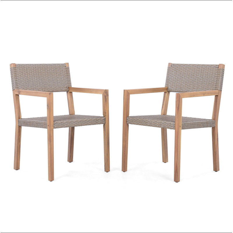 Ensemble de 2 chaises de salle à manger d'extérieur, structure en bois d'acacia teck clair et osier PE brun clair, idéal pour les patios et les jardins