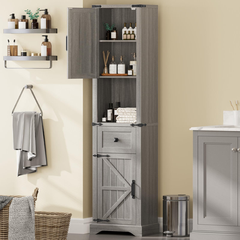 66" Tall Farmhouse Bathroom Storage Cabinet, Wash Gray