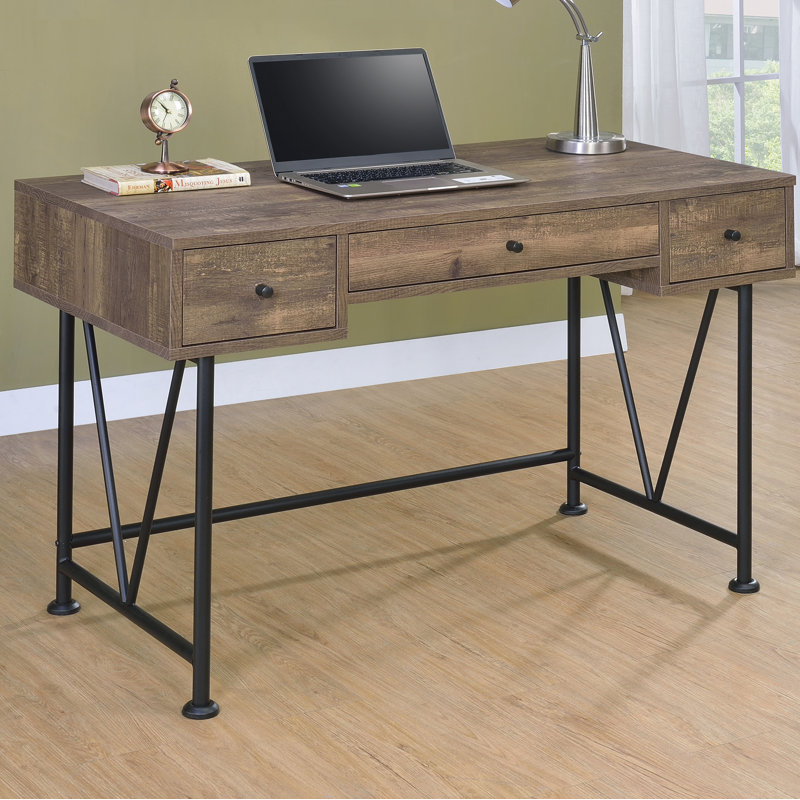 Pernell Metal Base Writing Desk, Rustic Oak