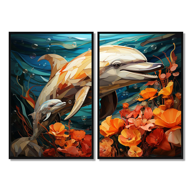 Ensemble de 2 décorations murales Dolphin Marine Symphony, Impression encadrée flottante sans passe-partout, Noir