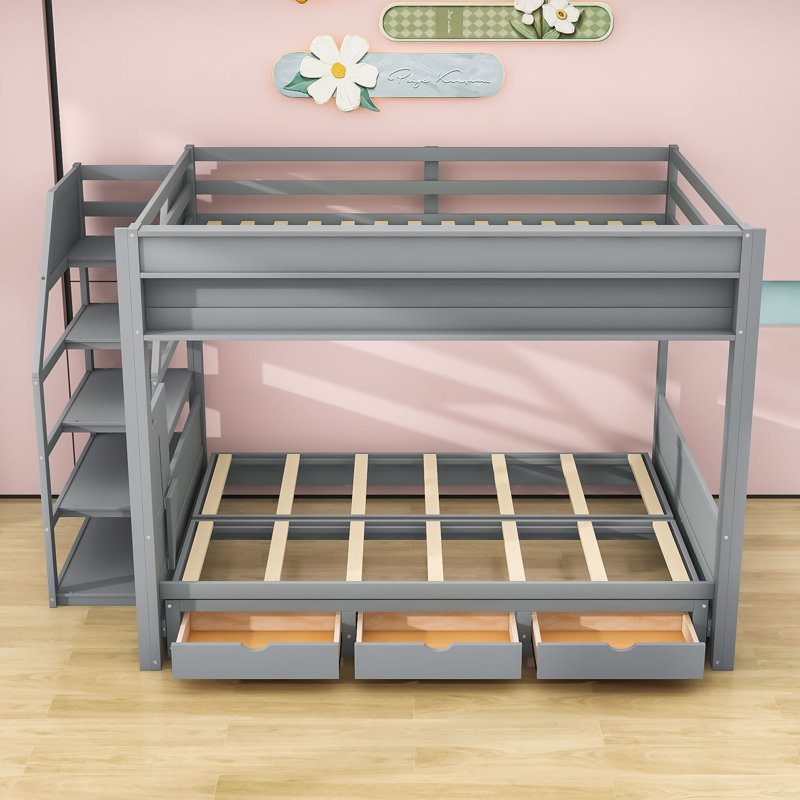 Lit superposé double au-dessus de double avec escalier de rangement et table de chevet Keyek, Gris
