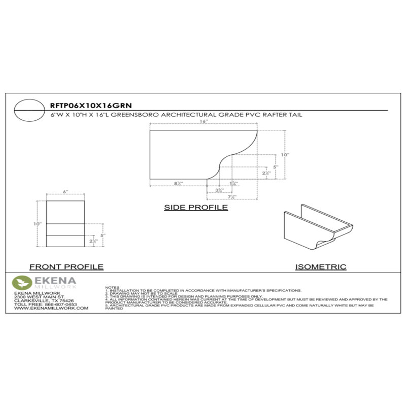 6"W x 10"H x 16"L Standard Greensboro Architectural Grade PVC Rafter Tail, 10"H x 6"W x 16"D