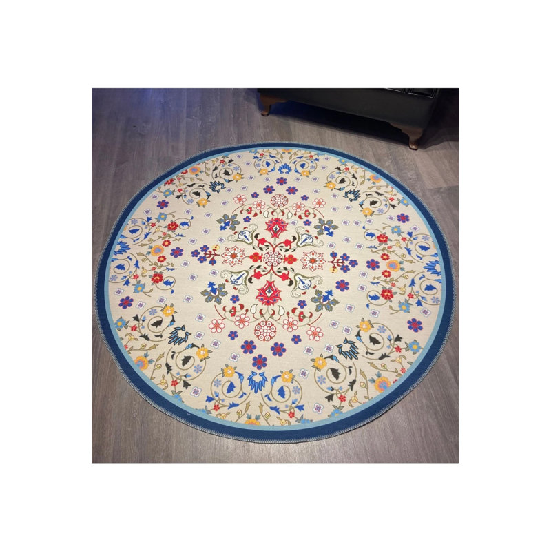 Floral Pattern Decorative Non-Slip Based Washable Carpet In Blue Tones, Round 2'8"