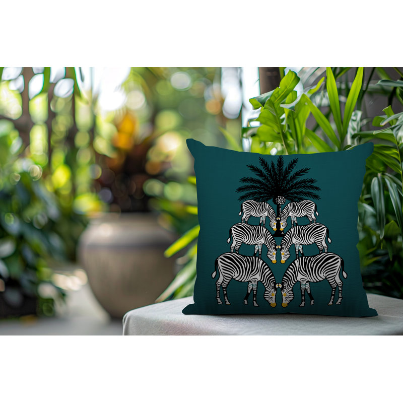 Oreiller carré réversible intérieur / extérieur Camo Zebra, 15"H x 15"W x 4.3"D, Émeraude