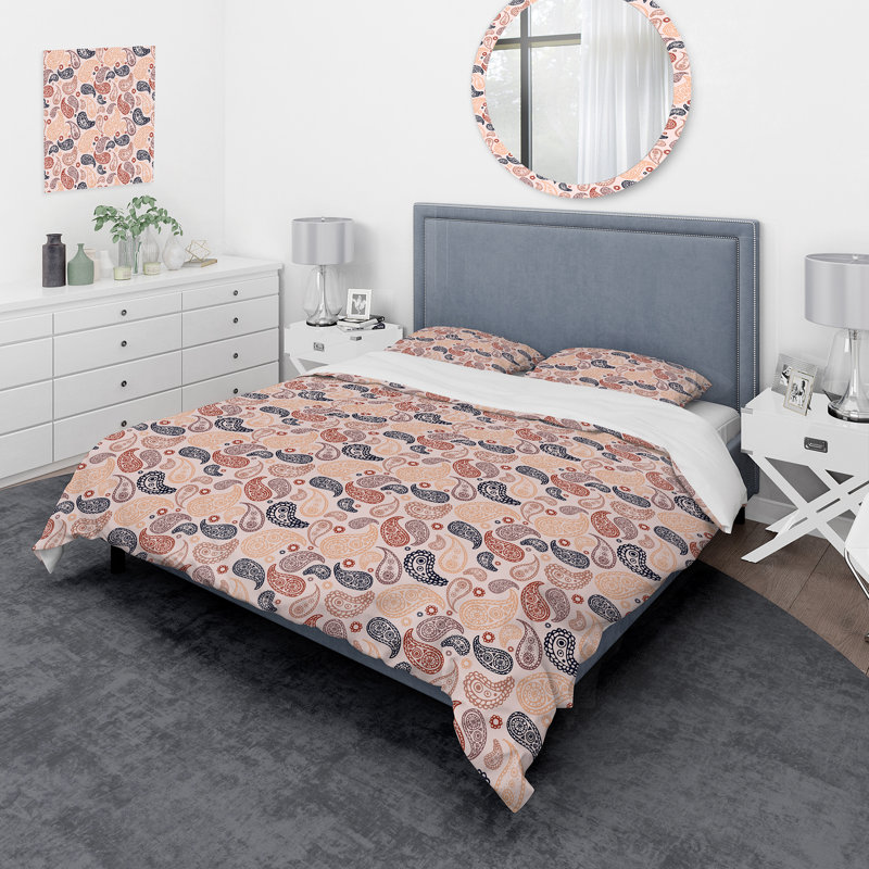 Ensemble de housse de couette moderne bleu et brun avec motif cachemire rose et rose en microfibre de polyester