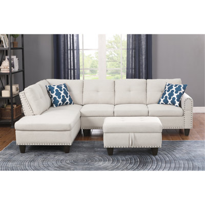 En forme de L avec rangement jumelé en beige, ensemble de 4 sièges pour des rassemblements décontractés, deux coussins décoratifs, accoudoirs arrondis, touffetage subtil, garniture cloutée, structure en bois massif et d'ingénierie, beige rembourré de mousse 3,