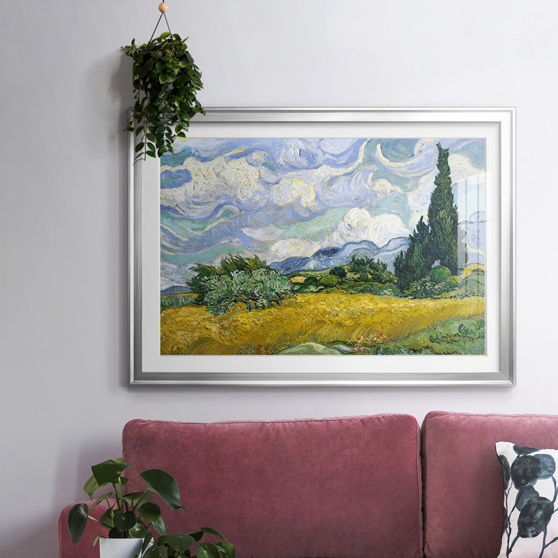 Champ de blé avec cyprès, impression sur papier, Argent, H 19 po x l 27 po x P 1,5 po