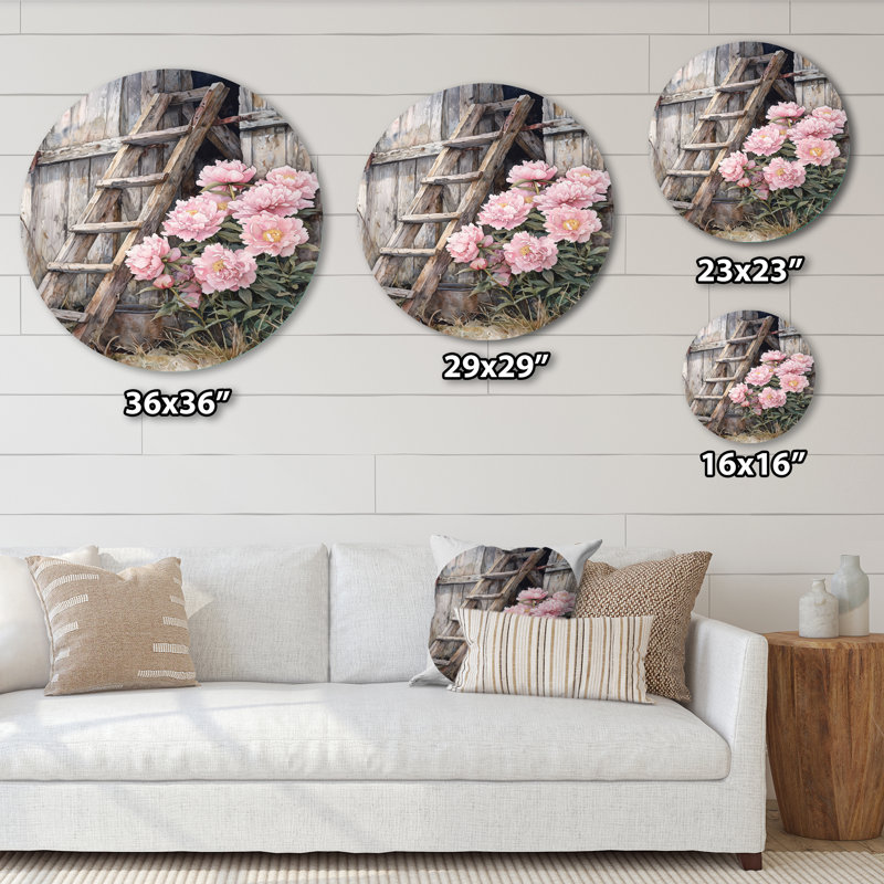 Pivoines par l'échelle de grange II - pivoines rondes, impression murale, H 29 po x l 29 po
