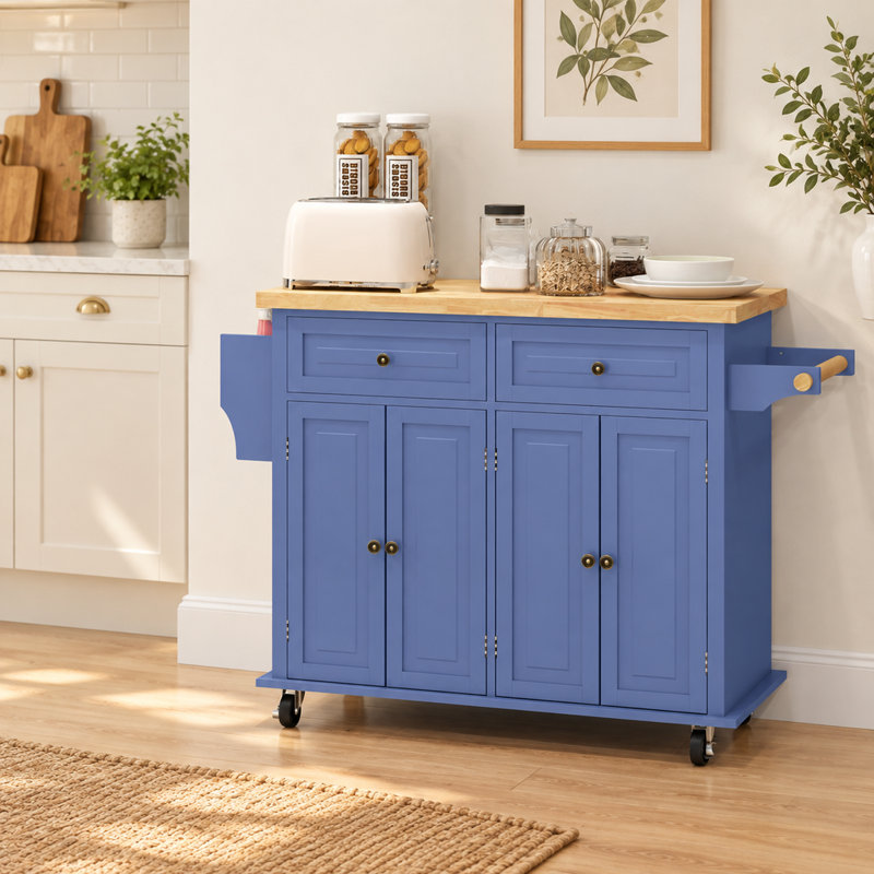 Îlot de cuisine mobile bleu marine avec plateau en bois massif, table mobile de 111 cm (43,7 pouces) sur roulettes avec placards de rangement, tiroirs et étagères réglables
