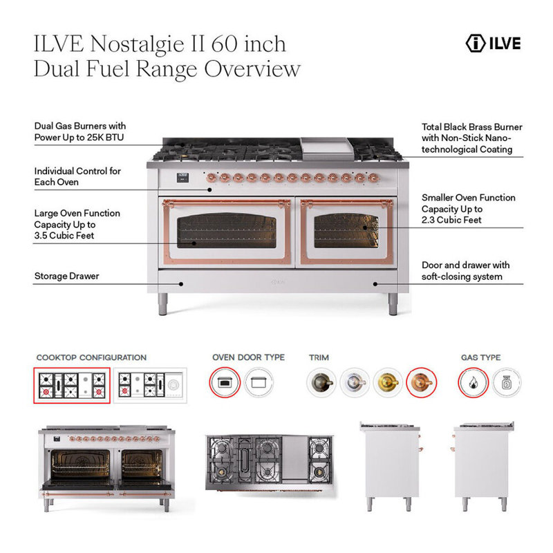 ILVE Nostalgie II 60 in Dual Fuel Range, 9 Burner, Griddle, RAL Classic/Chrome, Liquid Propane