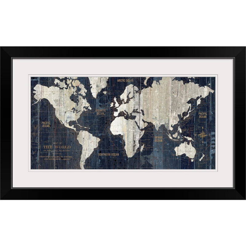 Carte du vieux monde - impression d'art graphique, H 20 po x l 32 po x P 1 po, Cadre noir