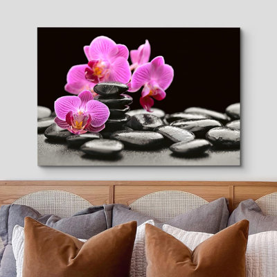 Zen Stones Purple Orchid Flowers Black Beach Pebbles Nature Wilderness On Canvas Print