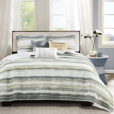 6 pièces de courtepointe imprimée avec coussins, jaune pour lit double / grand, rayure aquarelle, literie élégante double / grand, motif décoratif de pièces, élégant et luxueux