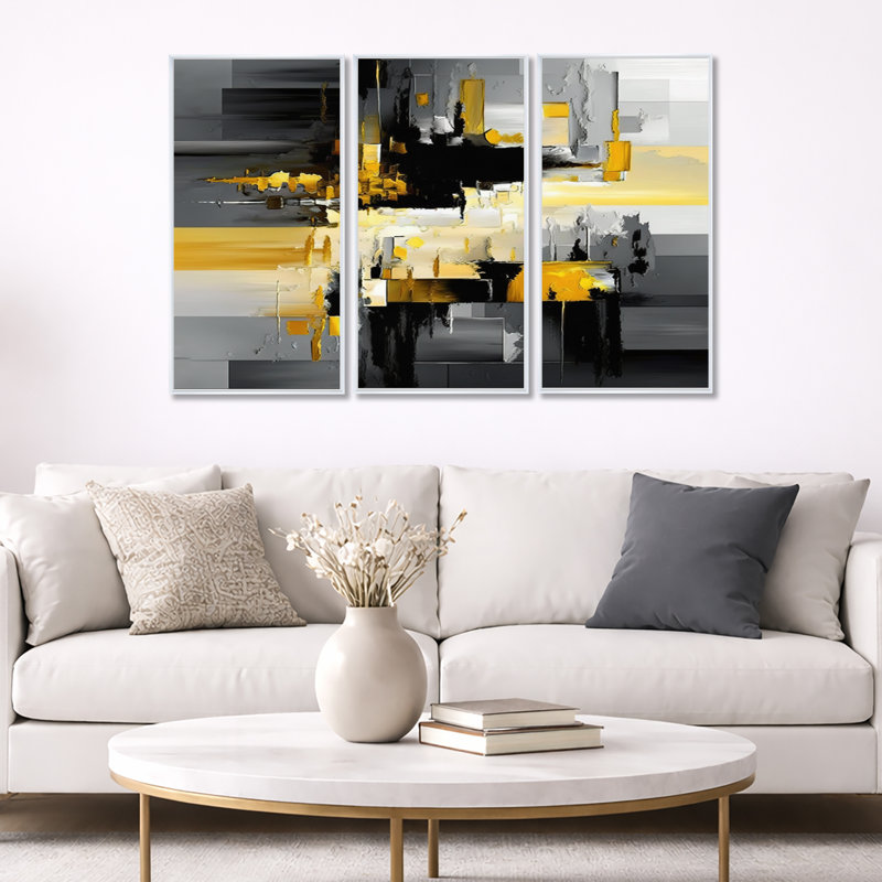 Abstrait géométrique noir et jaune en V - impression de 3 pièces, L 36 po x H 28 po, Cadre blanc