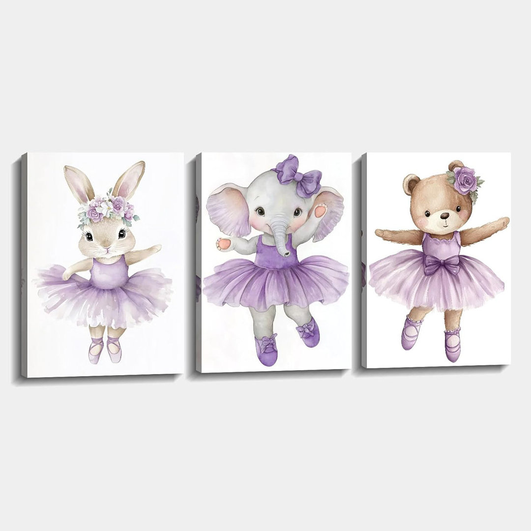 Nursery Canvas Wall Art 3 Piece Bunny Elephant Bear With Purple Skirts Picture Cute Animal In Dance Painting Prints For Kids Room Living Room Wall Dec